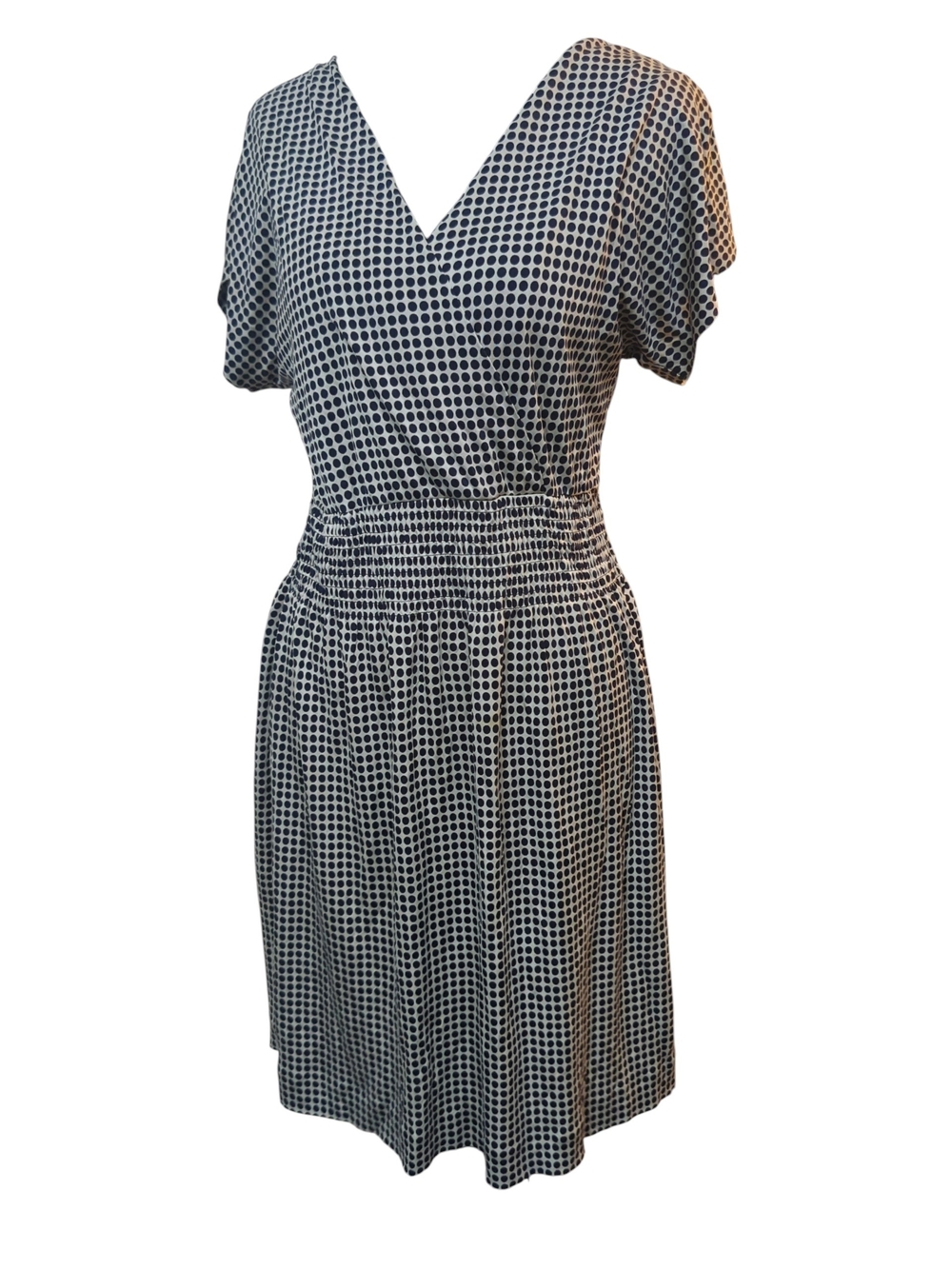 Tory Burch 100% Silk Beige & Navy Polka Dot Wrap Dress Size Small Quiet Luxury